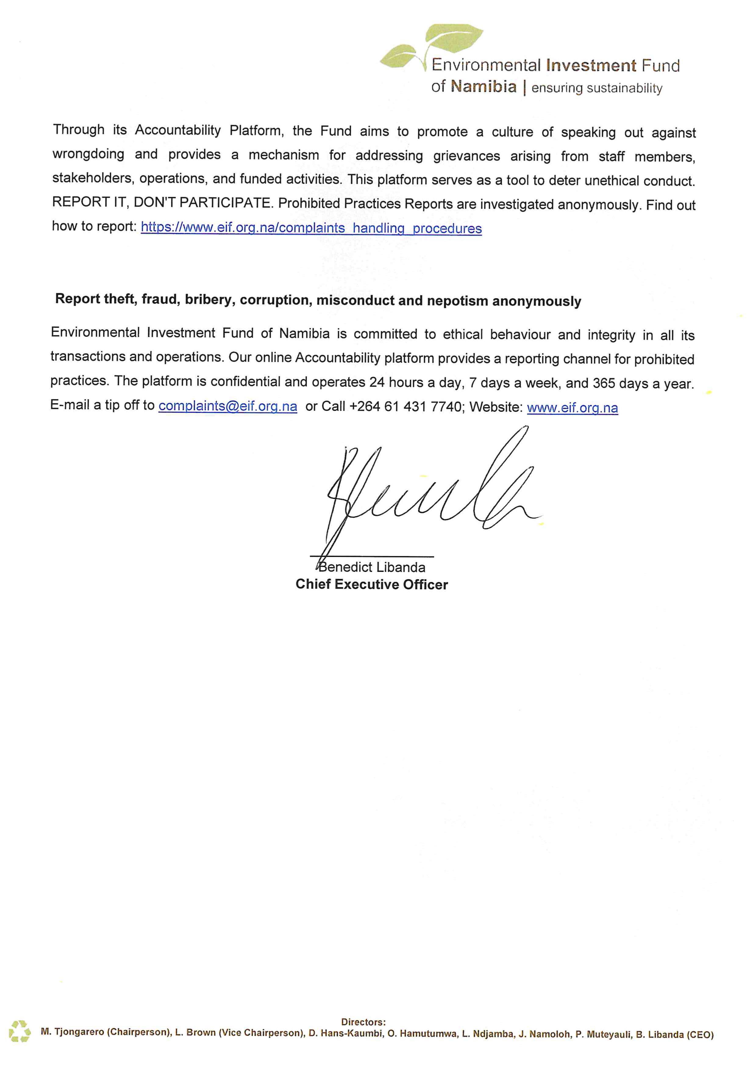 Statement on Financial Integrity